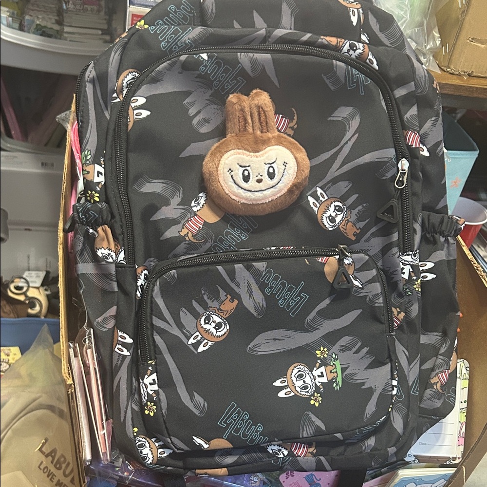 Black Character Print Backpack with Plush Charm